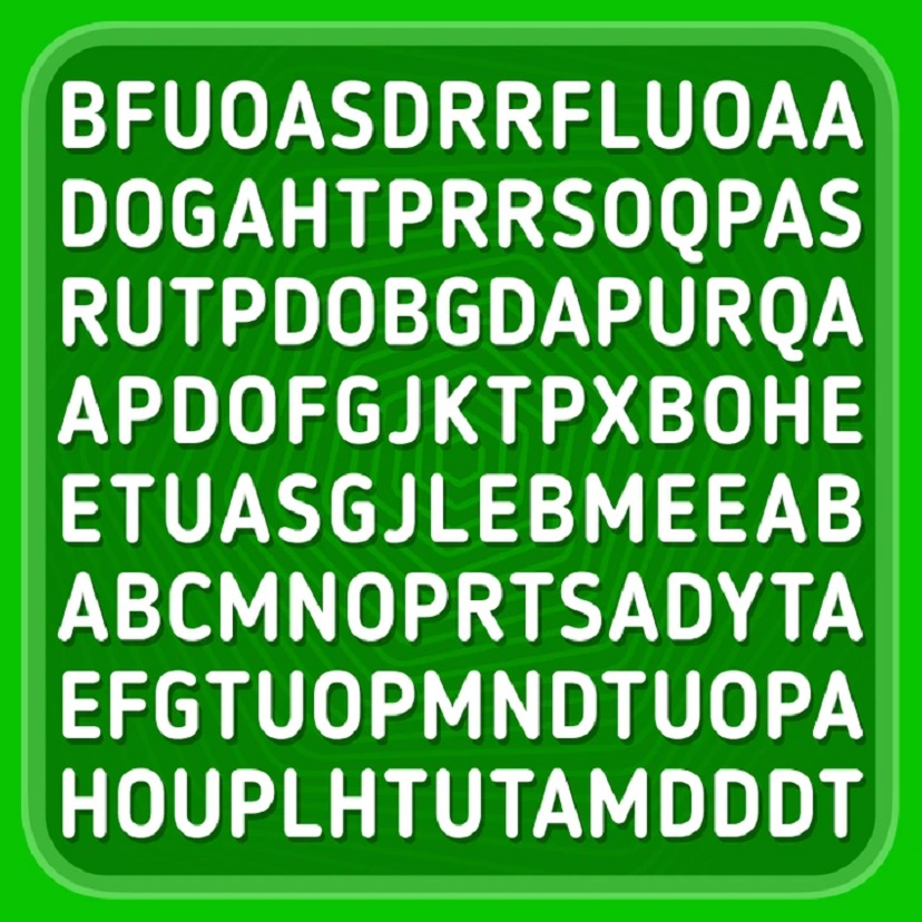 Desafio visual com jogo de caça-palavras com letras embaralhadas em fundo verde
