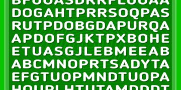 Desafio visual com jogo de caça-palavras com letras embaralhadas em fundo verde