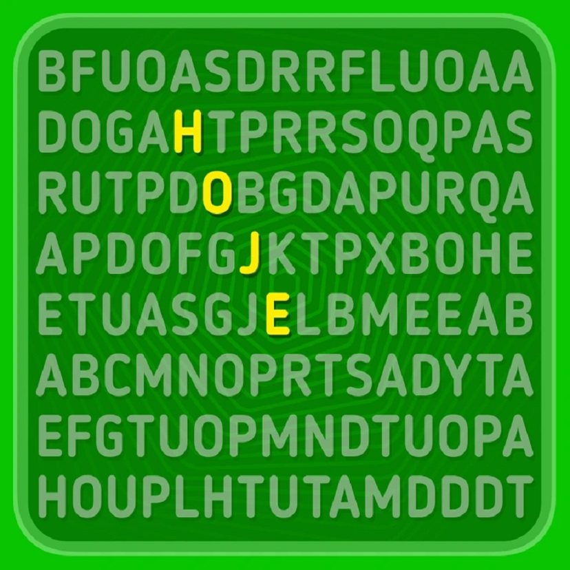 Desafio visual com jogo de caça-palavras com letras embaralhadas em fundo verde