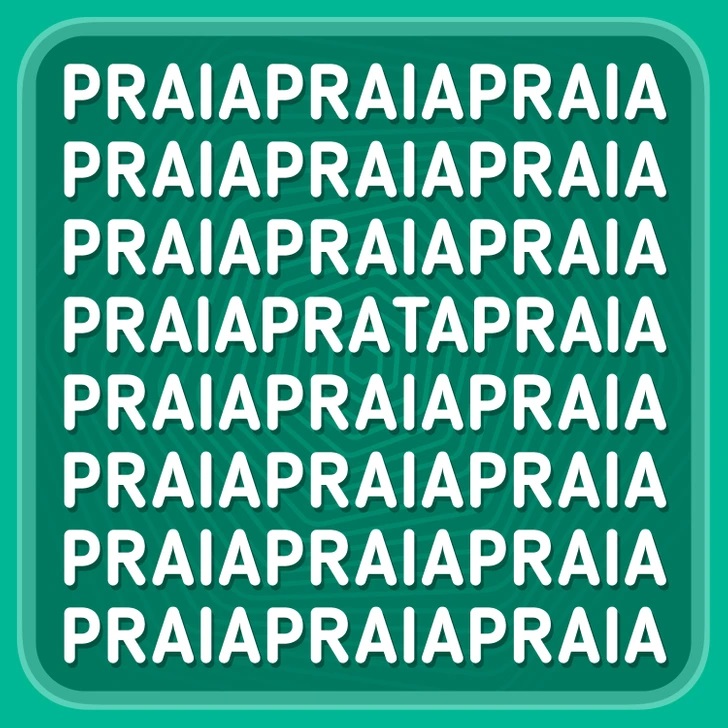 Desafio visual com várias repetições da palavra praia em letras brancas centralizadas.