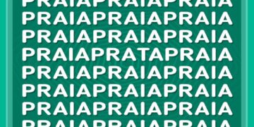 Desafio visual com várias repetições da palavra praia em letras brancas centralizadas.