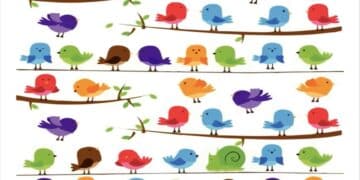 Desafio visual com pássaros multicoloridos empoleirados em galhos com folhas e um caracol verde ao fundo.