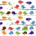 Desafio visual com pássaros multicoloridos empoleirados em galhos com folhas e um caracol verde ao fundo.