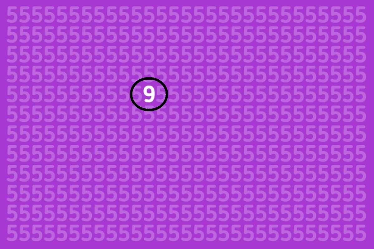 Desafio visual com vários números 5 brancos em fundo roxo, um número 9 está escondido.