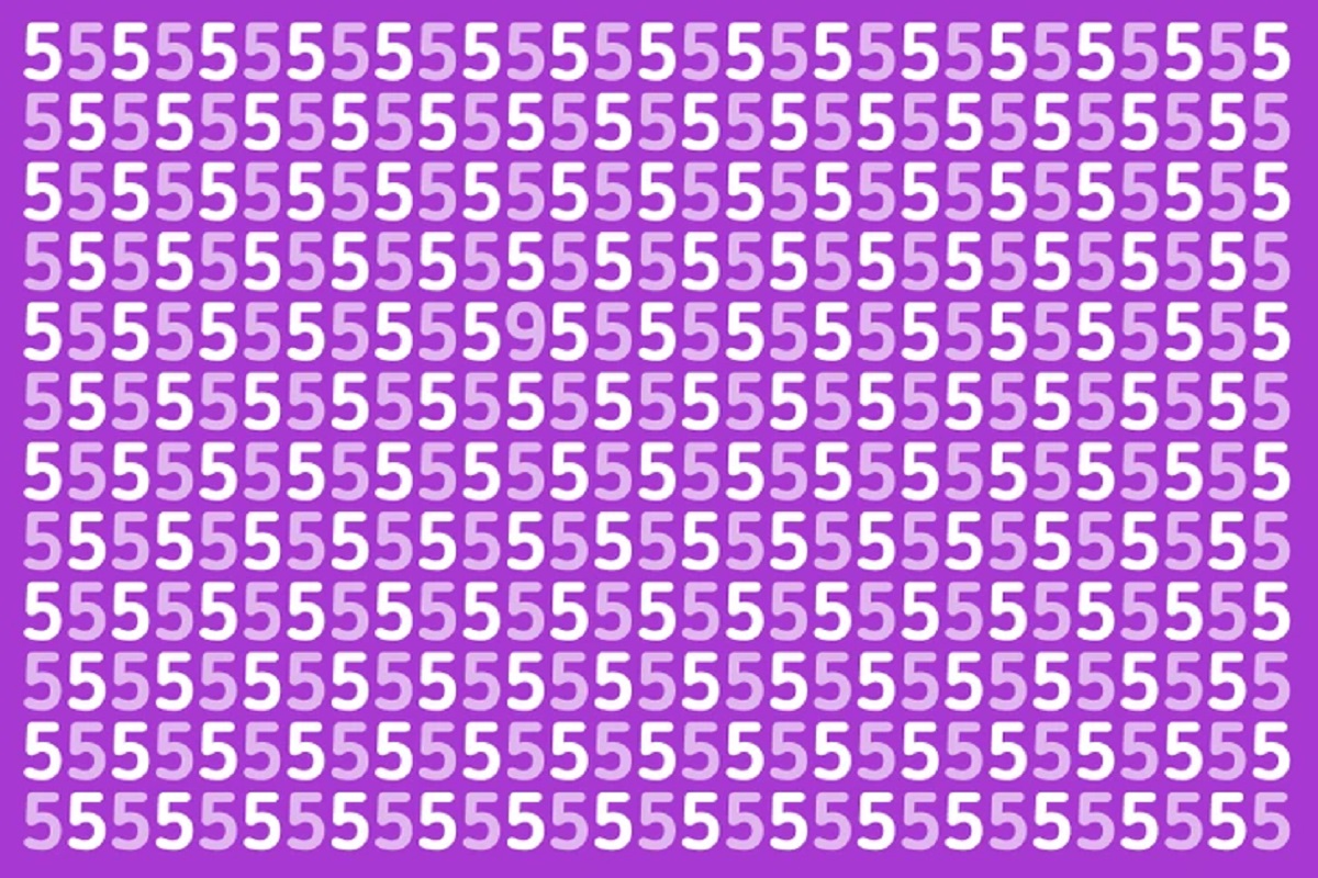 Desafio visual com vários números 5 brancos em fundo roxo, um número 9 está escondido.