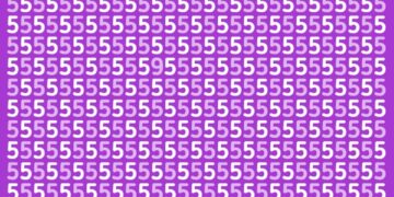 Desafio visual com vários números 5 brancos em fundo roxo, um número 9 está escondido.
