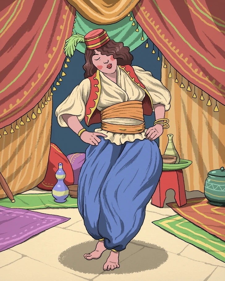 Desafio visual com uma mulher dançando com roupas típicas orientais em uma tenda decorada, com tapetes e utensílios ao fundo.