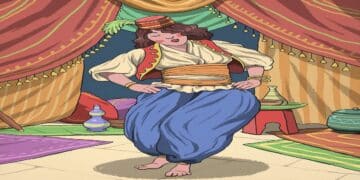Desafio visual com uma mulher dançando com roupas típicas orientais em uma tenda decorada, com tapetes e utensílios ao fundo.