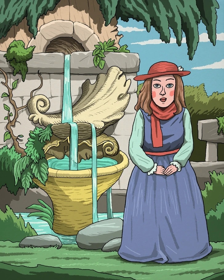 Desafio visual com uma mulher com vestido antigo e chapéu vermelho em frente a uma fonte decorativa em jardim verdejante