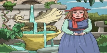 Desafio visual com uma mulher com vestido antigo e chapéu vermelho em frente a uma fonte decorativa em jardim verdejante