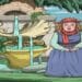 Desafio visual com uma mulher com vestido antigo e chapéu vermelho em frente a uma fonte decorativa em jardim verdejante