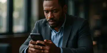 Homem em traje profissional usando um celular pra trabalho.