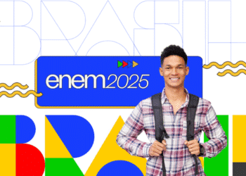 Estudante sorrindo em um cenário colorido com a frase "Enem 2025" e elementos da bandeira brasileira.