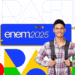 Estudante sorrindo em um cenário colorido com a frase "Enem 2025" e elementos da bandeira brasileira.