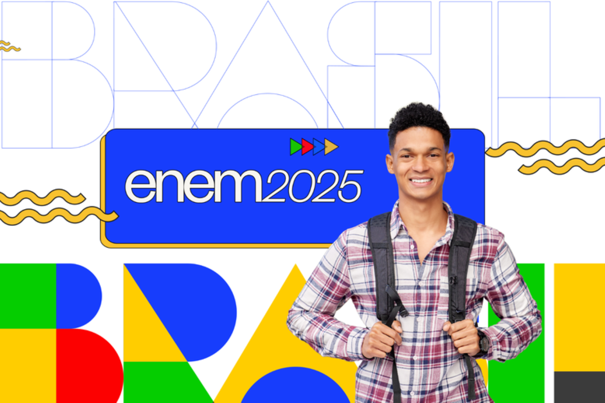  Estudante sorrindo em um cenário colorido com a frase "Enem 2025" e elementos da bandeira brasileira.