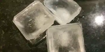 Cubos de gelo flutuando em um copo de água, com destaque para a curiosidade de como o gelo não afunda devido à sua menor densidade.