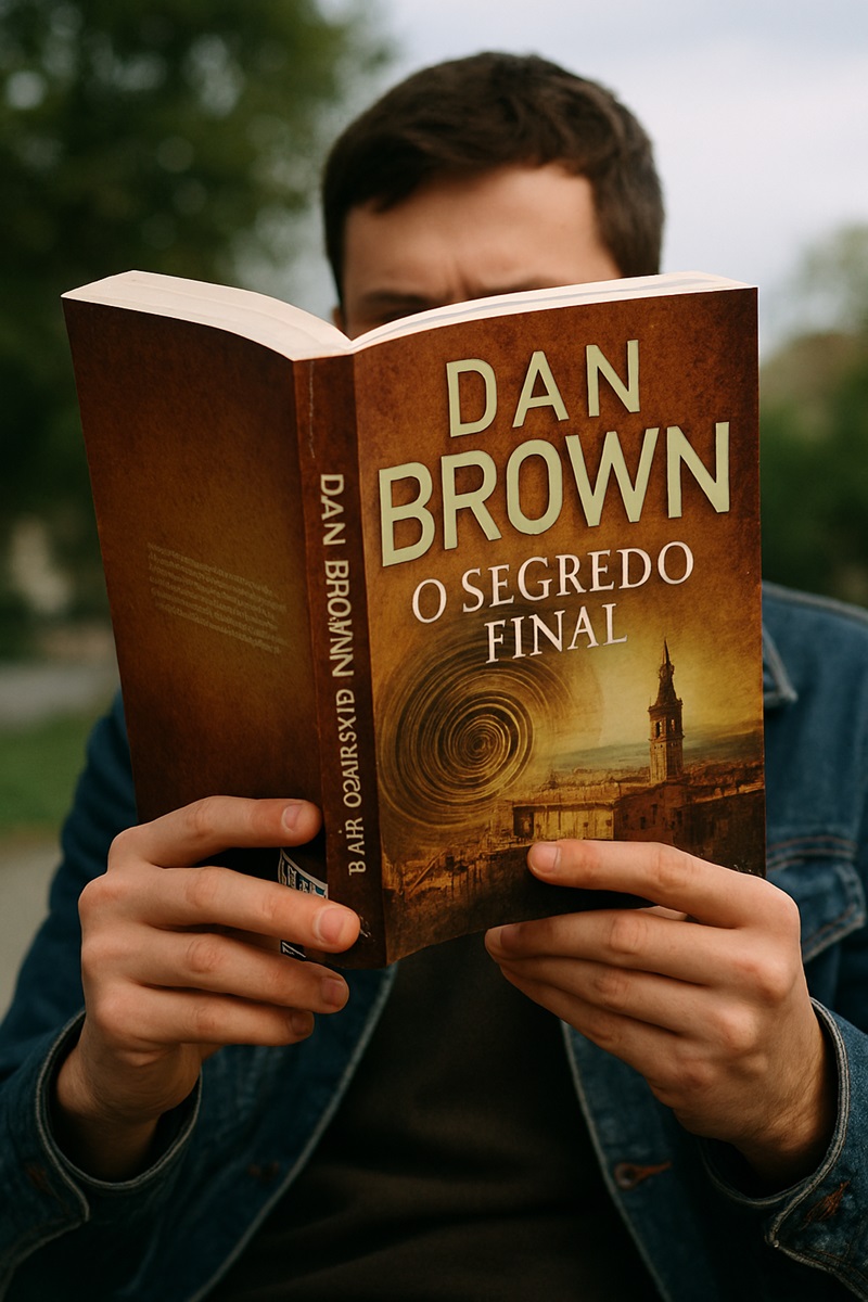 Pessoa segurando o livro “O Segredo Final” de Dan Brown em ambiente externo, com foco na capa e mãos visíveis.