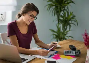 Estudante participando da 2ª Olimpíada de Contabilidade, com documentos, calculadora e laptop.