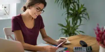 Estudante participando da 2ª Olimpíada de Contabilidade, com documentos, calculadora e laptop.