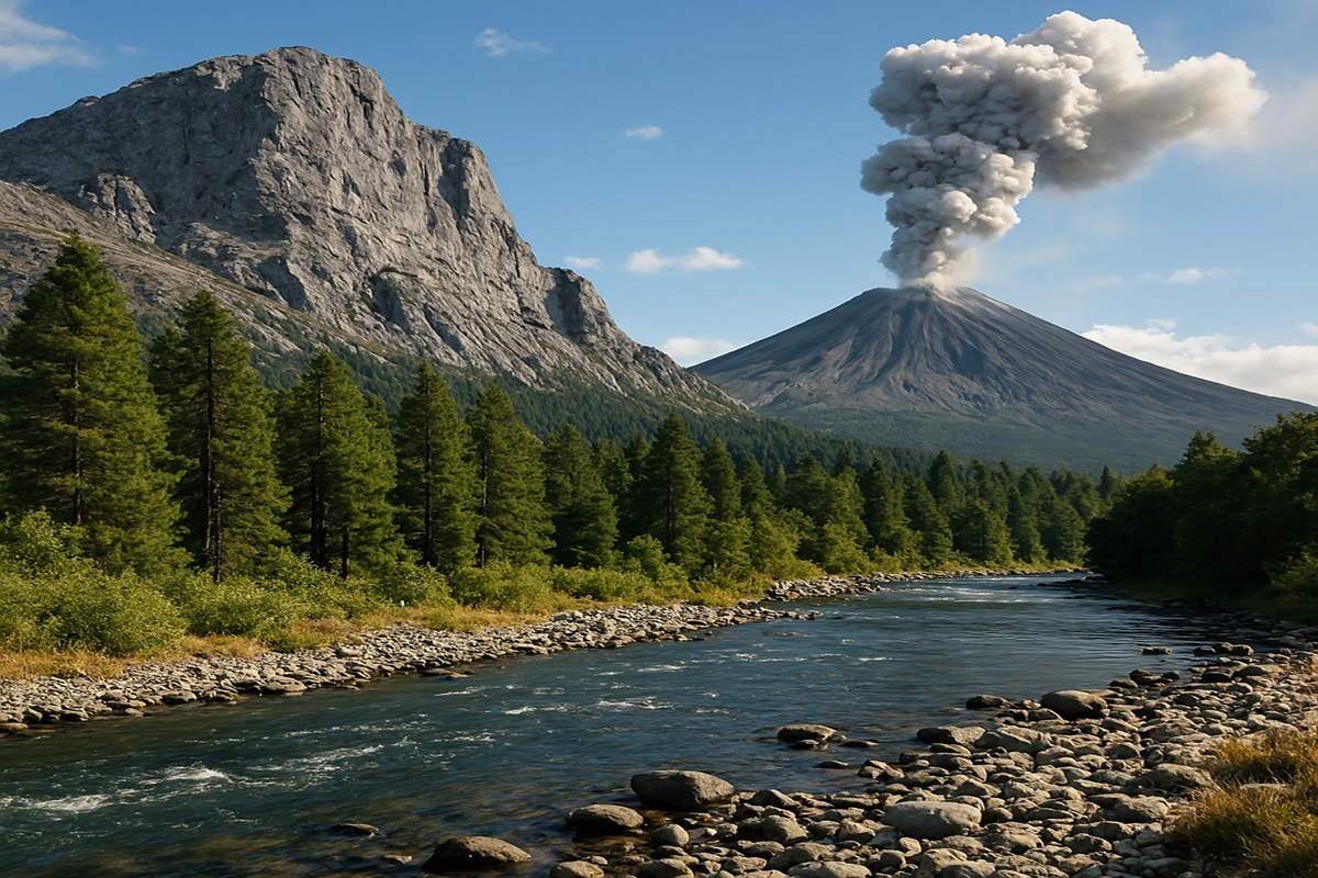 Árvores típicas de uma paisagem de rio sinuoso e mata densa