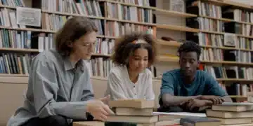 Estudantes discutindo e analisando livros e textos em uma biblioteca moderna.
