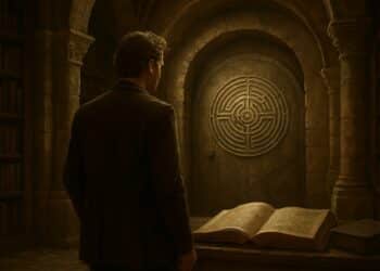 Lançamendo do novo livro de Dan Brown com a imagem de homem observando uma porta antiga com símbolo de labirinto em uma biblioteca