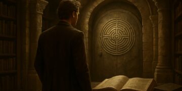 Lançamendo do novo livro de Dan Brown com a imagem de homem observando uma porta antiga com símbolo de labirinto em uma biblioteca