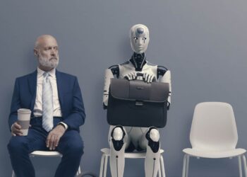 Homem e robô (IA) aguardando em uma sala de espera com um malote de negócios.