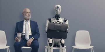 Homem e robô (IA) aguardando em uma sala de espera com um malote de negócios.