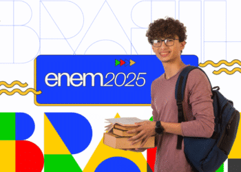 Estudante segurando livros com mochila, ao lado do logo do Enem 2025, simbolizando a preparação para o exame e a importância do domínio do português.