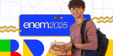 Estudante segurando livros com mochila, ao lado do logo do Enem 2025, simbolizando a preparação para o exame e a importância do domínio do português.