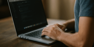 Mãos de uma pessoa digitando em um notebook, em um ambiente de trabalho ou estudo, com um celular ao lado, simbolizando o uso cotidiano do aparelho.
