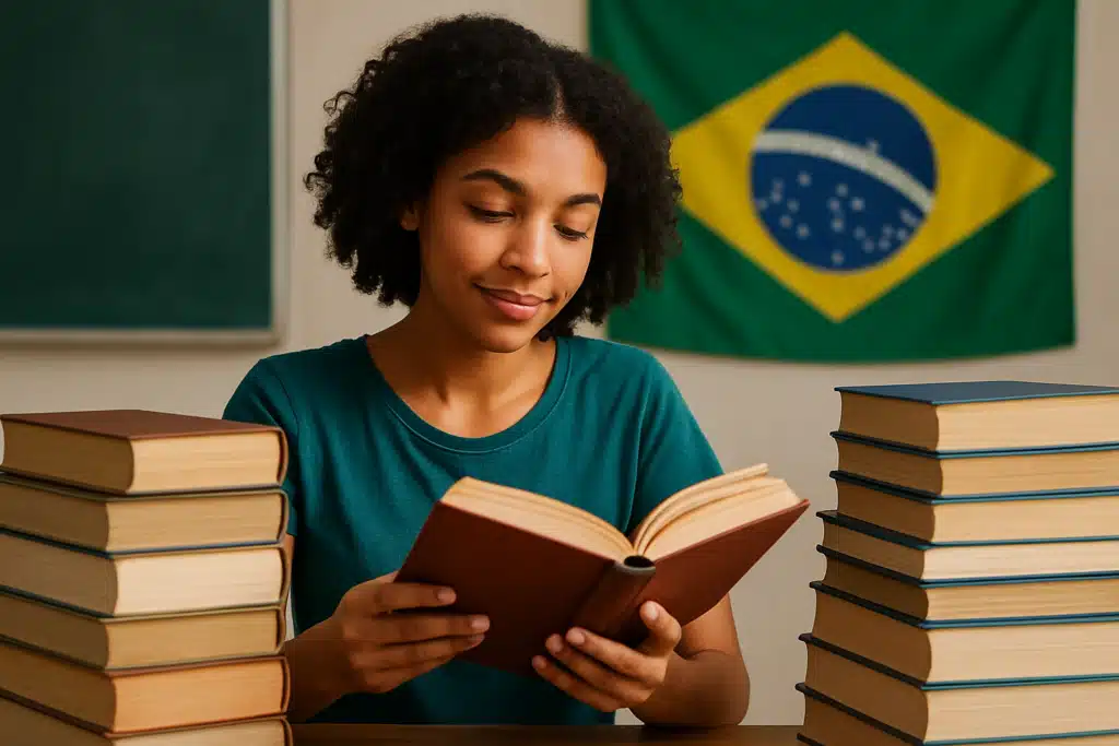 Jovem lendo um livro, com livros empilhados ao lado e a bandeira do Brasil ao fundo.