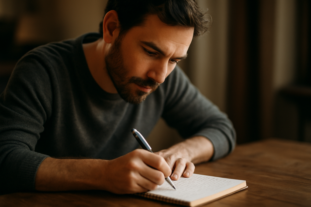 Um homem de barba, com expressão concentrada, escreve diligentemente em um caderno com espiral, usando uma caneta. A cena, capturada em close-up, evoca a dedicação ao estudo e ao aprimoramento do vocabulário