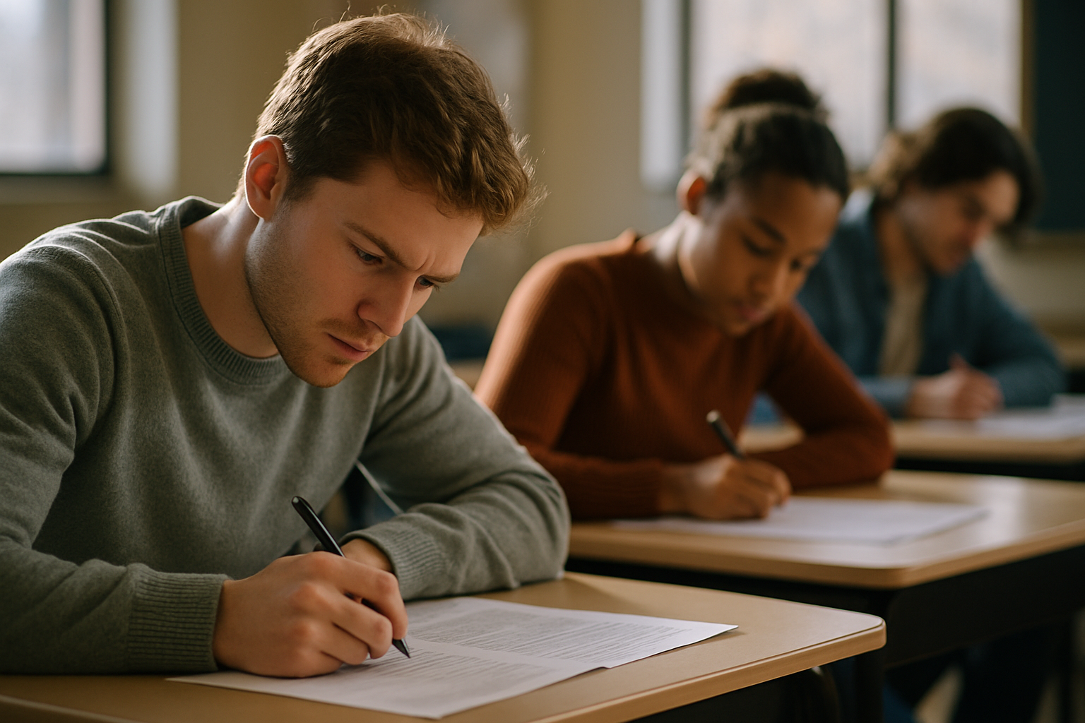  Três jovens concentrados, sentados em carteiras de sala de aula, fazendo a prova do concurso. O primeiro plano foca em um rapaz de suéter cinza escrevendo em sua folha.