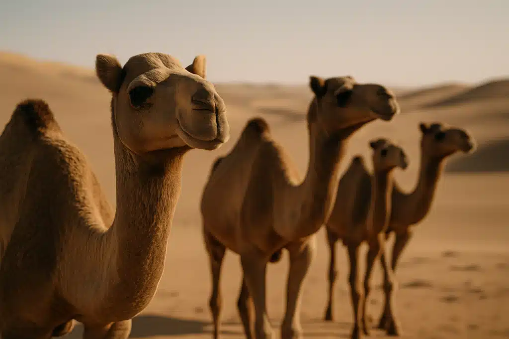 Quatro camelos em fila em um deserto com dunas de areia, com o animal da frente em foco.
