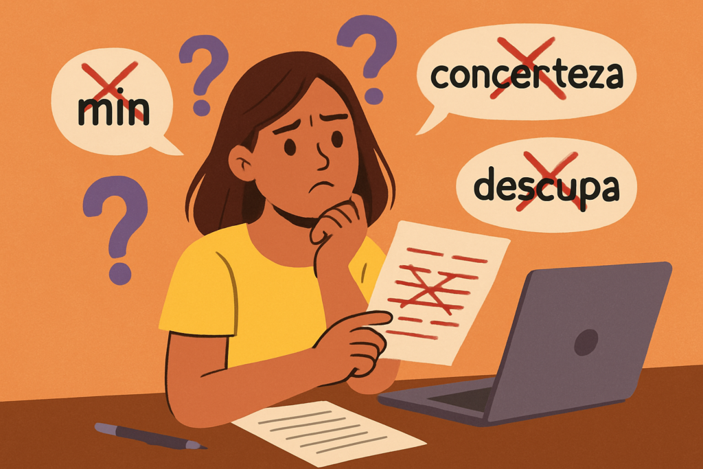 Ilustração de uma pessoa confusa, olhando para um documento com correções e palavras riscadas como "min", "certeza" e "descupa", simbolizando erros comuns de português e a dificuldade em evitá-los.