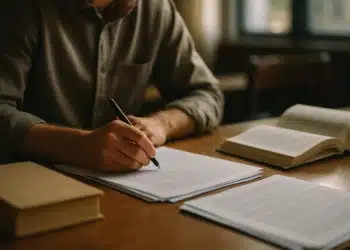 Homem concentrado, escrevendo em documentos sobre uma mesa de madeira, com livros abertos ao lado, ilustrando a revisão de textos e erros gramaticais.