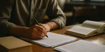 Homem concentrado, escrevendo em documentos sobre uma mesa de madeira, com livros abertos ao lado, ilustrando a revisão de textos e erros gramaticais.