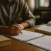 Homem concentrado, escrevendo em documentos sobre uma mesa de madeira, com livros abertos ao lado, ilustrando a revisão de textos e erros gramaticais.
