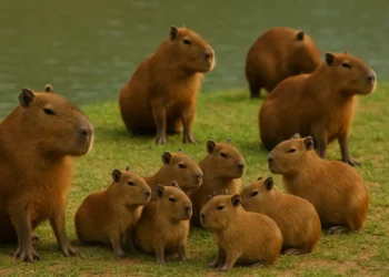 Grupo de capivaras descansando à beira de um rio, com algumas adultas e filhotes em uma paisagem tranquila.
