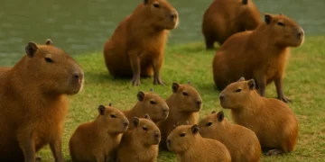 Grupo de capivaras descansando à beira de um rio, com algumas adultas e filhotes em uma paisagem tranquila.