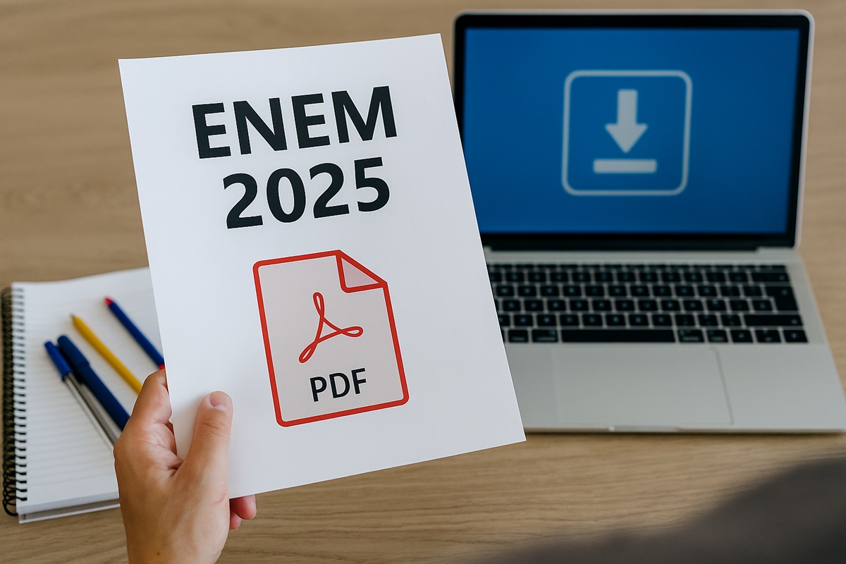 Pessoa segura folha escrita ENEM 2025 PDF ao lado de notebook com ícone de download na tela