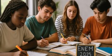 Grupo de adolescentes concentrados estudando juntos para o ENEM 2025 em uma sala iluminada com materiais escolares sobre a mesa.