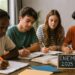 Grupo de adolescentes concentrados estudando juntos para o ENEM 2025 em uma sala iluminada com materiais escolares sobre a mesa.