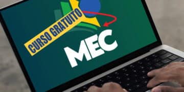 Tela de um notebook com a logo do MEC e a mensagem "CURSO GRATUITO", representando as oportunidades de estudo e a legalidade das formações autorizadas pelo Ministério.