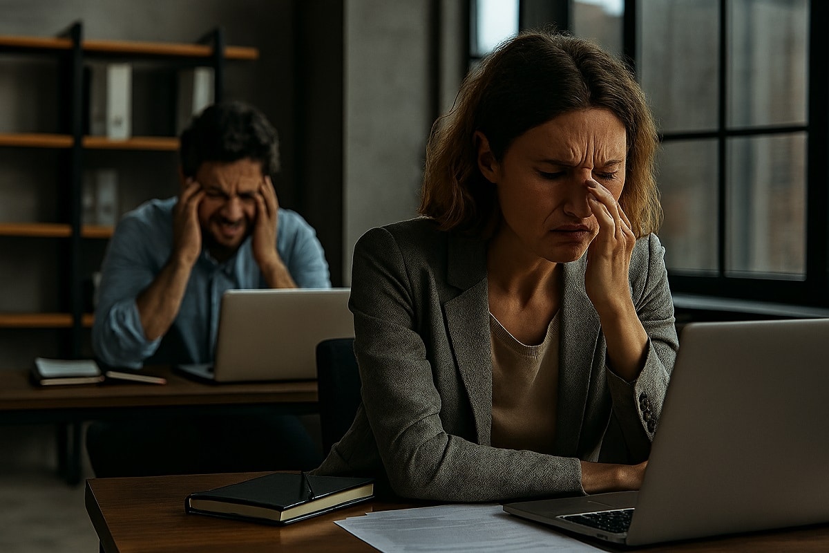 Dois profissionais em um escritório com expressões de exaustão e tensão, refletindo um ambiente de trabalho emocionalmente desgastante.