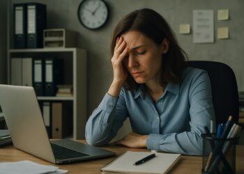 Mulher com expressão cansada, sentada à mesa com notebook com efeitos de um trabalho tóxico.