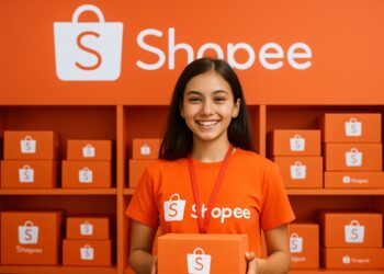 Jovem aprendiz sorridente da Shopee segurando uma caixa laranja