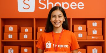 Jovem aprendiz sorridente da Shopee segurando uma caixa laranja